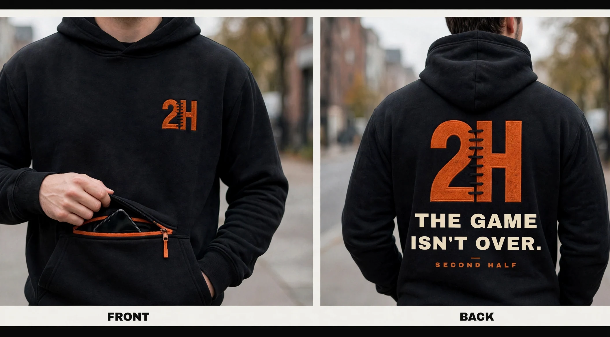 The Hero Hoodie — front and back, matte embroidered 2H