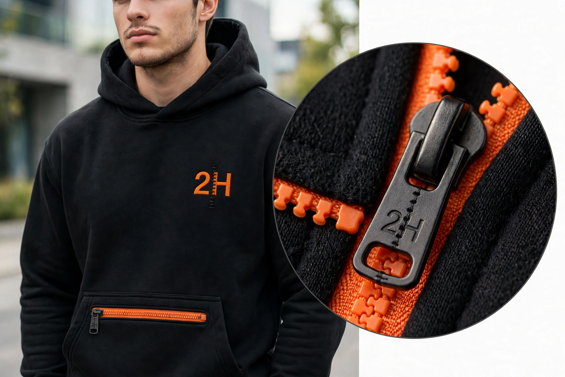 Zip pocket detail — 2H engraved pull with lace split